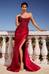 Applique Satin Strapless Slit Gown by Ladivine CC475 - Deep Red / Long Formal Dresses