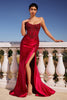 Applique Satin Strapless Slit Gown by Ladivine CC475 - Deep Red / Long Formal Dresses