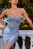 Applique Satin Strapless Slit Gown by Ladivine CC475 - Dusty Blue / Long Formal Dresses