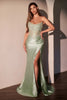 Applique Satin Strapless Slit Gown by Ladivine CC475 - Sage / Long Formal Dresses