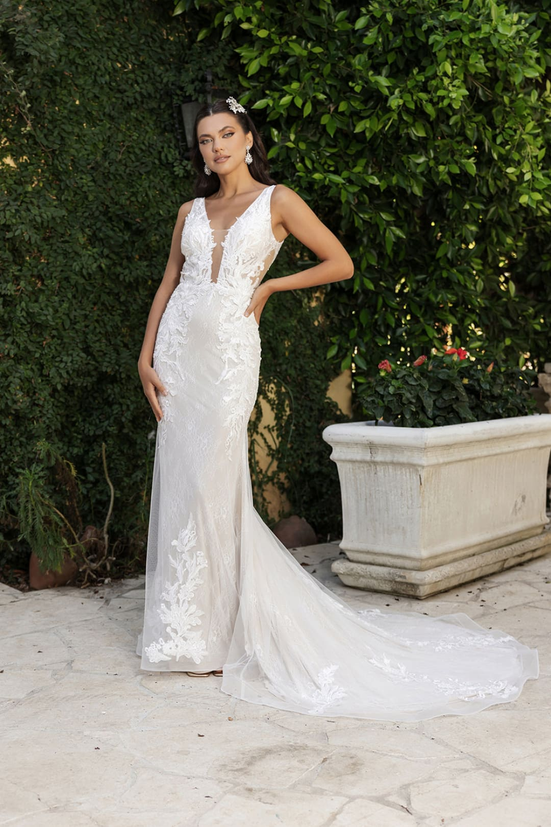 Bridal Dress Plunging Neck Mermaid Floral Gown By Royal Queen RQ8147 - IVORY/TULLE / 4 - Dress