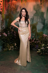 Formal Dress High Slit Ruched Evening Gown By May Queen MQ2115 - CHAMPAGNE / 4 - Dress