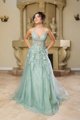 Formal Dress Plunging V-Neck A-Line Prom Gown By May Queen MQ2165 - SAGE / 4 - Dress