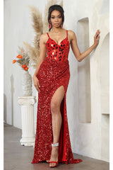 Formal Dress V-Neck Sheath High Slit Gala Gown By Royal Queen RQ8106 - Dress