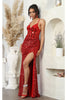 Formal Dress V-Neck Sheath High Slit Gala Gown By Royal Queen RQ8106 - RED / 4 - Dress