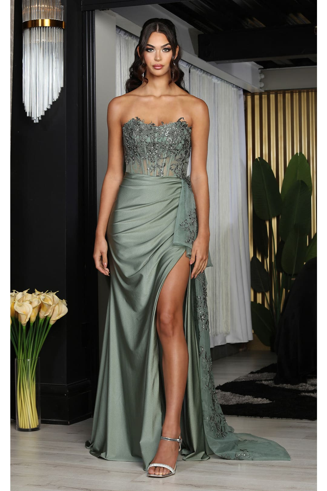 Formal dress with High Slit sheath Sweetheart Neck By May Queen MQ2072 - SAGE / 4 - Dress