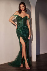 Fringe Off Shoulder Slit Gown by Ladivine CC324 - Emerald / 2 - Long Formal Dresses