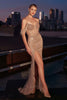 Fringe Off Shoulder Slit Gown by Ladivine CC324 - Mocha Gold / 2 - Long Formal Dresses