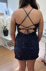 Navy Sequin MQ2085 Dama Dress for Quinceañera