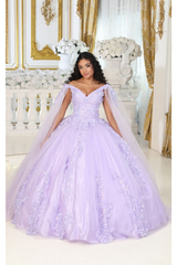 Layla K LK193 3D Floral Applique Cape Sleeves Corset Quince Ball Gown - LILAC / 4