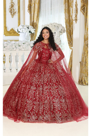 Layla K LK204 Detachable Cape Glitter 3D Floral Applique Quince Gown - BURGUNDY / 4
