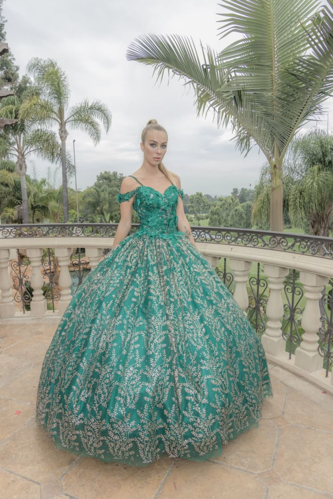 Layla K LK204 Detachable Cape Glitter 3D Floral Applique Quince Gown - HUNTER GREEN / 4