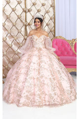 LA Merchandise LA206 Off Shoulder Puff Sleeves Quinceanera Ball Gown - BLUSH/GOLD / 4 - Dress