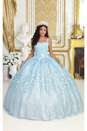Layla K LK208 Sleeveless 3D Floral Glitter Corset Back Quince Ball Gown - BABY BLUE / 4