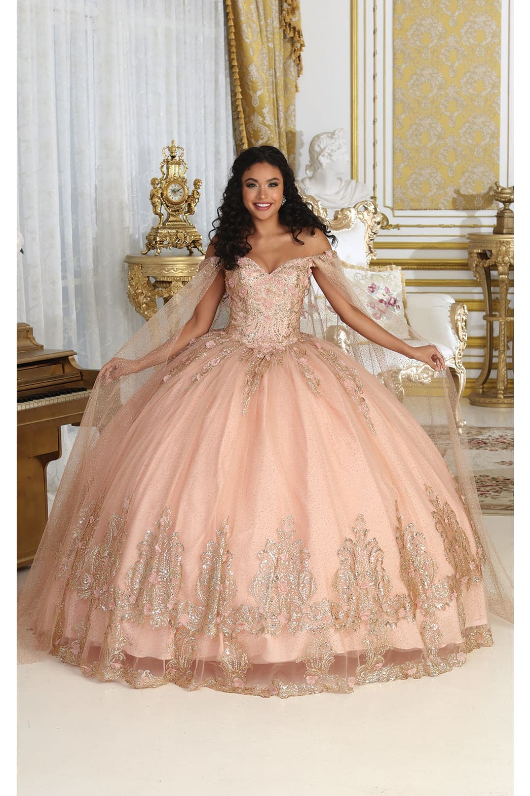 Layla K LK211 Corset Back Cape Sleeves Glitter 3D Floral Ball Gown - Dress