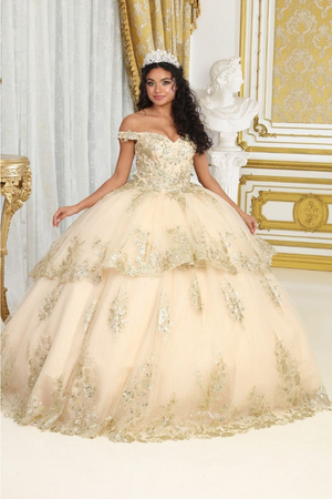 Layla K LK224 Off-Shoulder Embellished Glitter Quince Ball Gown - CHAMPAGNE / 4 - Dress