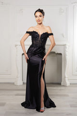 Long Formal Dress Off The Shoulder High Slit Gown By May Queen MQ2157 - BLACK / 4 - Dress