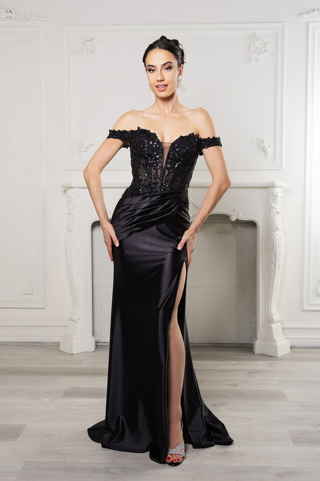 Long Formal Dress Off The Shoulder High Slit Gown By May Queen MQ2157B - BLACK / 22 - Dress