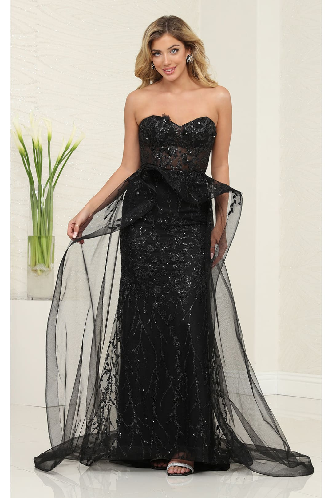 Long Formal Dress Sweetheart Overskirt Gala Gown By Royal Queen RQ8116 - BLACK / 4 - Dress