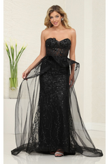 Long Formal Dress Sweetheart Overskirt Gala Gown By Royal Queen RQ8116 - BLACK / 4 - Dress
