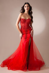 Long Pageant Dress Sweetheart Mermaid Gown By Amelia Couture 7051 - RED / Dress