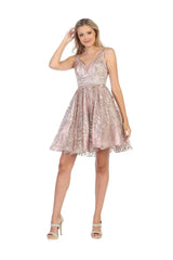 May Queen MQ1702 Short Deep V-Neck Glitter A-Line Dress - Mauve / 4 - Dress