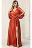 May Queen MQ1857 Split Long Sleeve High Slit Simple Evening Gown - Dress