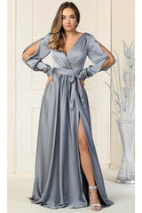 May Queen MQ1857 Split Long Sleeve High Slit Simple Evening Gown - Dress
