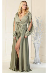 May Queen MQ1857 Split Long Sleeve High Slit Simple Evening Gown - Dress