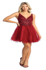 May Queen MQ1913 Glitter A Line Short Graduation Dress - BURGUNDY / 2 - Dress