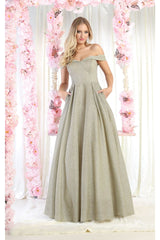 May Queen MQ1915 Off The Shoulder Glitter A Line Evening Gowns - Champagne / 4