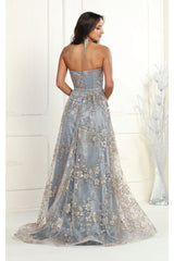 May Queen MQ1920 Floral Glitter Boned Bodice Prom Strapless Dress