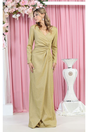 Long Sleeve Pleated Evening Dress - GOLD / S - Dress