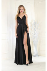 May Queen MQ1945 Simple Satin Evening Gown - BLACK / 2