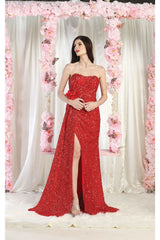May Queen MQ1968 Strapless Sequined Formal Gown - RED / 4 - Dress