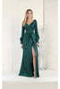 May Queen MQ1974 Long Sleeve Satin Evening Dress - HUNTER GREEN / 4