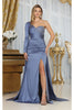 May Queen MQ1985 Satin Strappy Back One Sleeve Prom Evening Gown - DUSTY BLUE / 4 - Dress