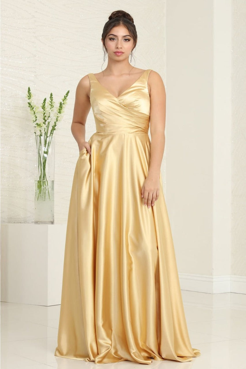 May Queen MQ1994 Sleeveless Side Pockets Satin Formal Bridesmaid Dress - GOLD / 4 - Dress