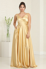 May Queen MQ1994 Sleeveless Side Pockets Satin Formal Bridesmaid Dress - GOLD / 4 - Dress