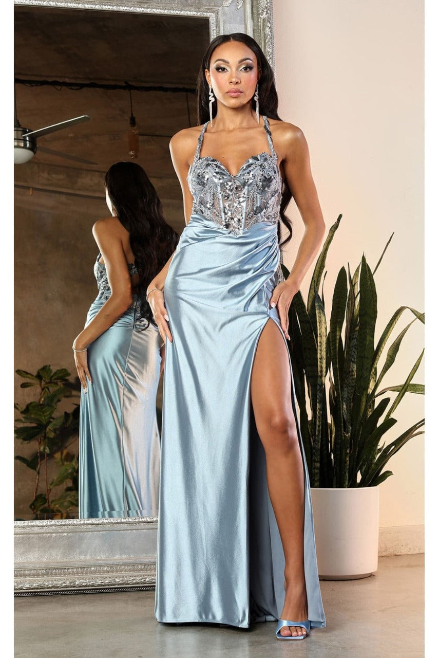 May Queen MQ2006 Cut Out Back Sleeveless Slit Formal Evening Gown - DUSTY BLUE / 4 - Dress