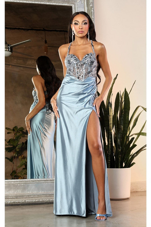 May Queen MQ2006 Cut Out Back Sleeveless Slit Formal Evening Gown - DUSTY BLUE / 4 - Dress