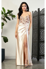 May Queen MQ2006 Cut Out Back Sleeveless Slit Formal Evening Gown - GOLD / 4 - Dress