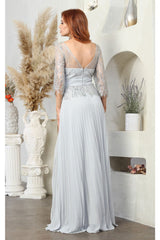 May Queen MQ2007 3/4 Sleeves Rhinestone Beaded Pleated Long Gown - Dress