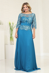 May Queen MQ2007 3/4 Sleeves Rhinestone Beaded Pleated Long Gown - Teal Blue / M Dress