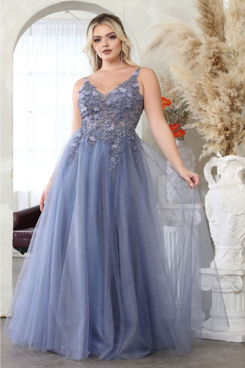 May Queen MQ2015 Sleeveless 3D Floral Embellished Tulle Gown - DUSTY BLUE / 4 Dress