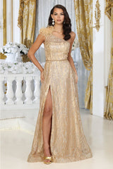 May Queen MQ2024 Asymmetrical Embellished Gala Gown - GOLD / 4 - Dress