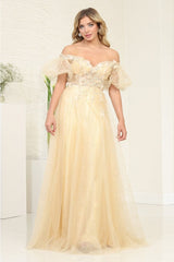 May Queen MQ2033 Sweetheart Puffed Sleeves Gala Long Gown - GOLD / 4 - Dress
