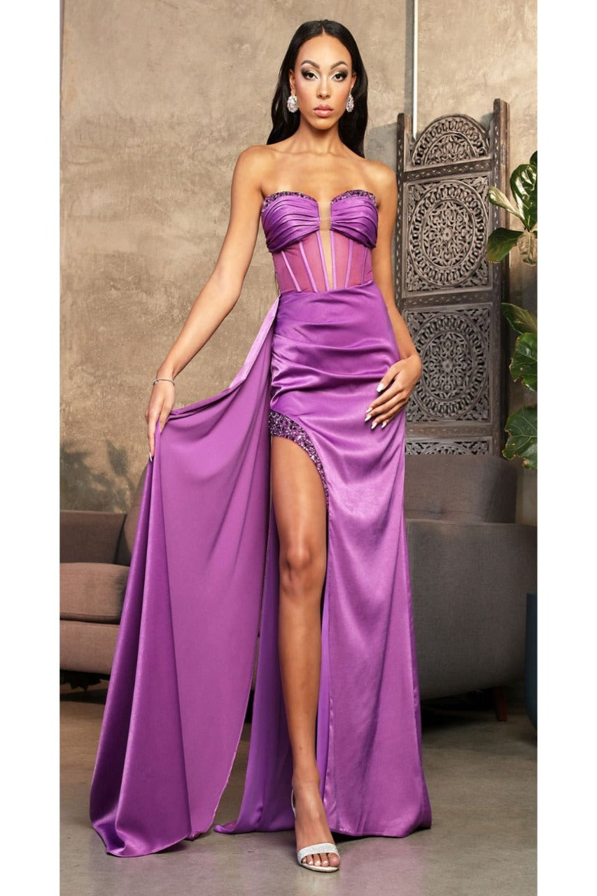 May Queen MQ2039 Sweetheart High Slit Pageant Long Gown - PURPLE / 2 - Dress