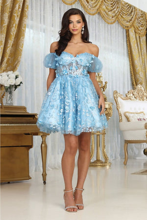 May Queen MQ2040 Corset Bodice 3D Flower Sweetheart Party Dress - BABY BLUE / 2 - Dress