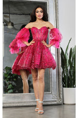 May Queen MQ2041 Detachable Sleeves Sweetheart Glitter Cocktail Dress - FUCHSIA / 2 - Dress